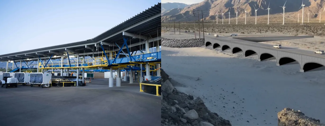 Combined images of Indian Canyon Drive bridge project rendering and the Palm Springs International Airport baggage handling terminal project