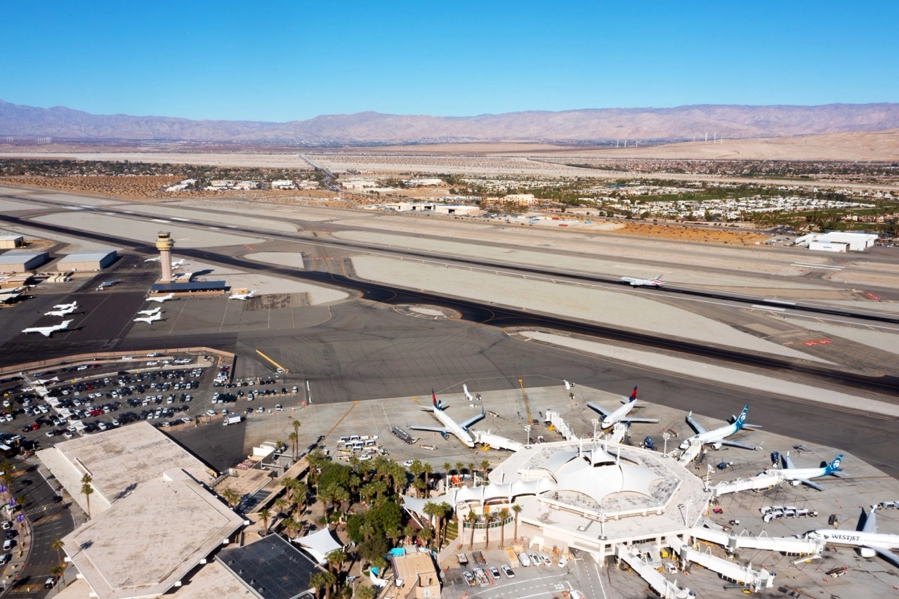 Aerial photo of Palm Springs International Airport where summer passenger traffic is up.