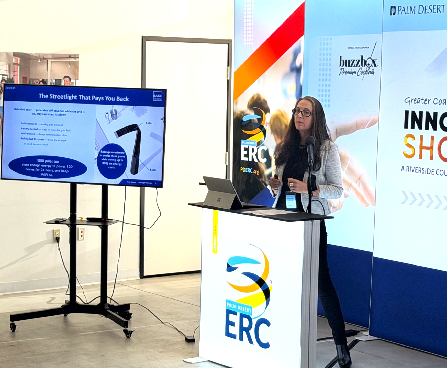 BASE Studio CEO Heidi Adams gives the winning pitch at the Innovation Showcase competition on April 21.