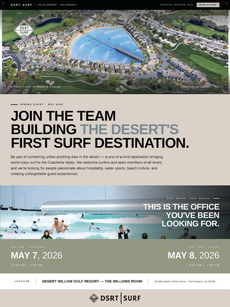 Palm Desert Is About To Catch Its Wave, While DSRT Surf’s Resort Vision Takes A Longer View 2 DSRT Surf job fair image